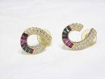 Click to view larger image of MULTICOLORED BAGUETTE RHINESTONE PIERCED EARRINGS SIGNED ROMAN (Image2)