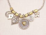 Click to view larger image of TWO TONE GOLD AND SILVER NECKLACE WITH SIX DANGLING CHARMS (Image2)