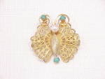 VINTAGE GOLD TONE FILIGREE BUTTERFLY BROOCH WITH BLUE BEADS AND PEARL