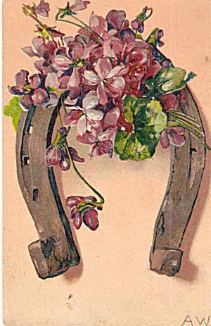 Vintage Postcard P30337 Floral And Horseshoe Design
