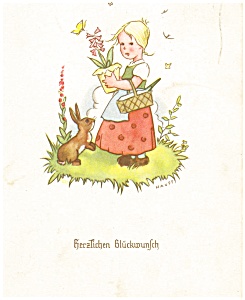 Girl and Bunny Congratulations Postcard p4031 (Image1)