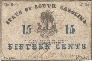 1863 State of South Carolina 15 Cents Note (Image1)