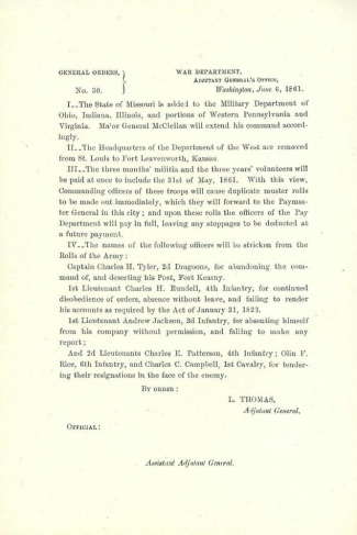 War Department Orders Issued By Adjutant General Lorenzo Thomas